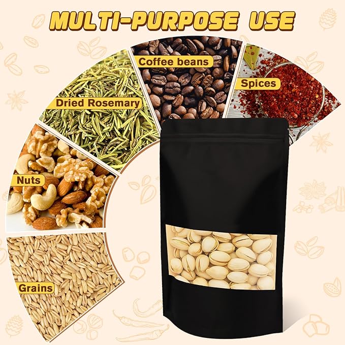 Jetmore-50pack-Smell-Proof-Bag, Reusable Zip Lock Bags with Window, Resealable Stand Up Packaging Bags, Brown Paper Pouches for Coffee, Tea, Herbs, Spice, Snack, Baked Goods, Goodie Bags