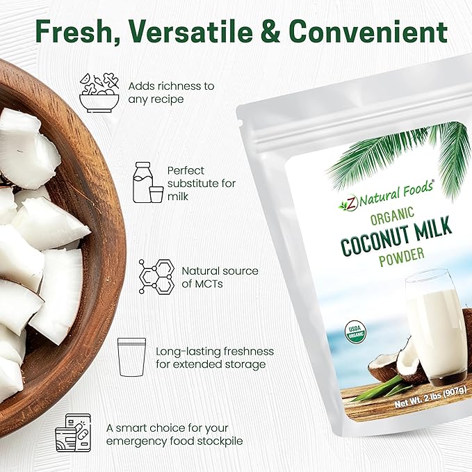 Z Natural Foods Organic Coconut Milk Powder - All-Natural Vegan Dairy-Free Alternative with MCTs - Unsweetened Coconut Creamer for Coffee & Smoothies - Gluten-Free, Non-GMO, 2 lbs