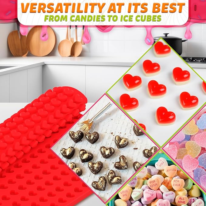 255 Cavities Mini Hearts Mold - 15.4" x 10.9" Mini Heart Silicone Mold for Making Candies, Chocolates and Gummies - Red Heart Ice Cube Tray with Easy Demolding, Flexible & Durable Heart Molds Silicone