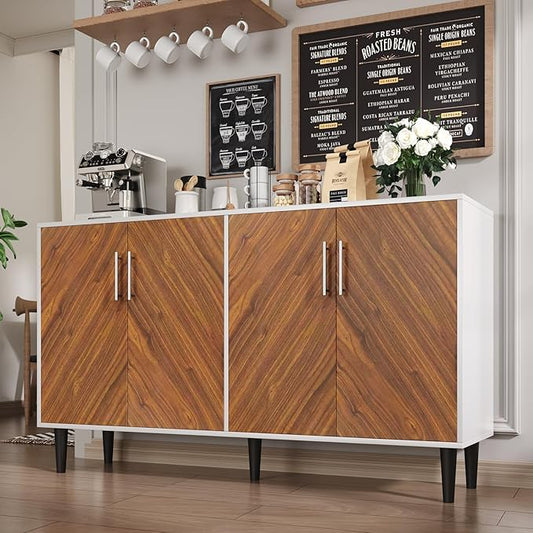 4 EVER WINNER Coffee Bar Cabinet with 4 Doors, Sideboard Buffet Cabinet with Storage, Walnut Buffet Cabinet with Storage with Adjustable Shelves for Kitchen,Living Room,White