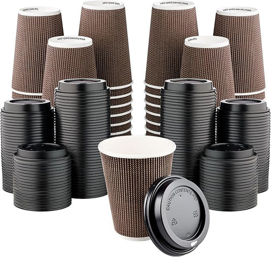 [400 SET]Harvest Pack 12 oz Disposable Coffee Cups, Insulated Ripple Double-Walled Paper Cup with Lid, Brown Geometric, Tea Hot Chocolate Drinks To go coffee cups