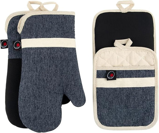 Oven Mitts and PotHolders Sets, 4 Pcs Kitchen Oven Glove High Heat Resistant 400°F Pot Holders for Kitchen, Non-Slip Neoprene Oven Mitts are Suitable for Cooking, Baking (Black)