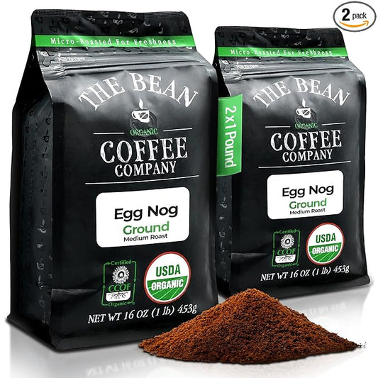 The Bean Organic Coffee Company Egg Nog, Medium Roast, Ground Coffee, 16-Ounce Bags (Pack of 2), Café molido tostado orgánico