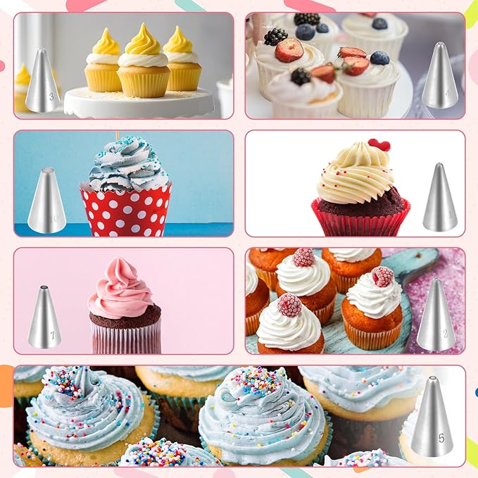 7 Pcs Small Round Piping Tips Set, Stainless Steel Cake Frosting Nozzles Professional Cake Decorating Tips Cupcake Icing Supplies for Baking Cookies Fondant Cream Bag Filler