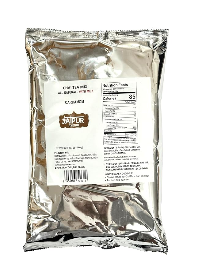 Jaipur Avenue Cardamom Chai Tea Mix Crafted with All-Natural Assam Black Tea, Cardamom, Cane Sugar, and Premium Dry Milk - Preservative-Free, Gluten-Free, Authentic Indian Chai Tea Latte (1000g Bulk)