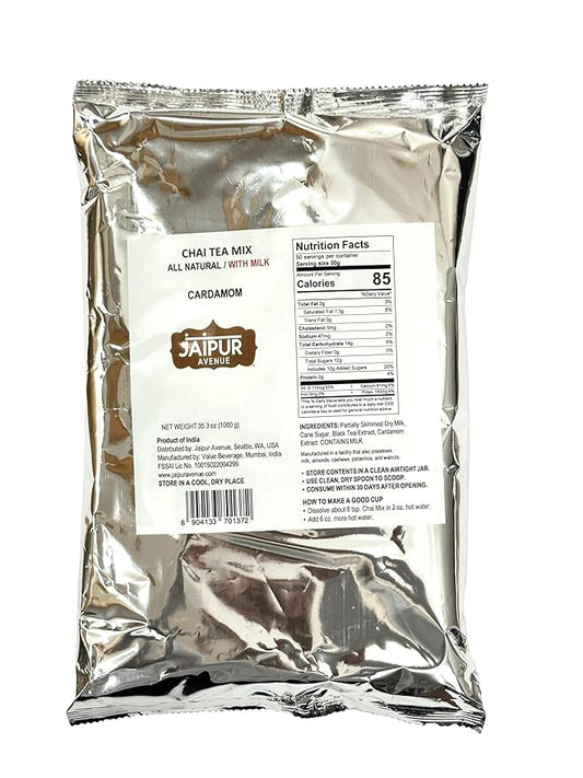 Jaipur Avenue Cardamom Chai Tea Mix Crafted with All-Natural Assam Black Tea, Cardamom, Cane Sugar, and Premium Dry Milk - Preservative-Free, Gluten-Free, Authentic Indian Chai Tea Latte (1000g Bulk)