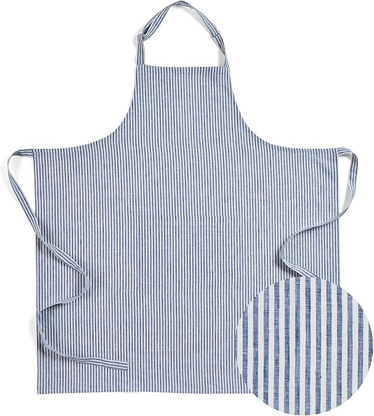 Solino Home 100% Pure Linen Apron for Women & Men - Navy and White Stripe Full Midi Bib Apron, Adjustable Neck Strap with Center Pockets for Kitchen, Chef - Handcrafted from European Flax