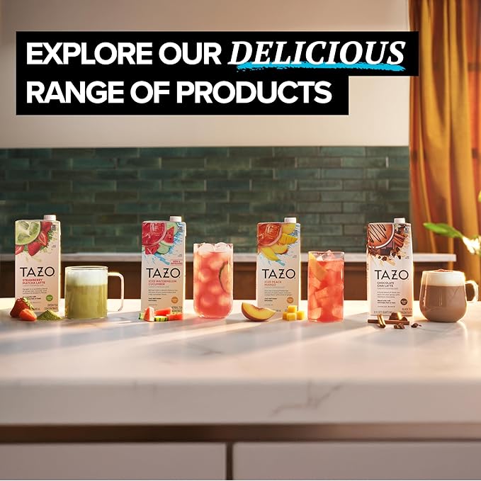 TAZO Tea Concentrate, Chocolate Chai Latte, Strawberry Matcha Latte, Iced Peach Mango 32 Fl Oz (1ea) (Variety Pack)