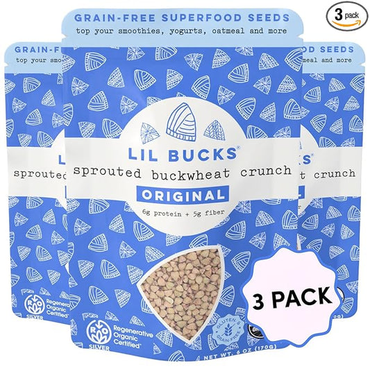 Lil Bucks Sprouted Regeneratively Grown Buckwheat Seeds– Paleo Cereal, Gluten-Free Granola, High in Protein, Low Sugar, Organic Superseed Crunch (ORIGINAL, 3 Pack)