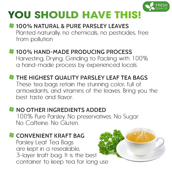 FreshDrinkUS, Premium 135 Parsley Leaf Tea Bags, 100% Natural & Pure from Parsley Leaves. Loose Leaf Parsley Herbal Tea. Made with Natural Material Tea Bags. No Sugar, No Caffeine, No Gluten, Vegan.