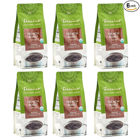 Teeccino French Roast Chicory Coffee Alternative - Ground Herbal Coffee That’s Prebiotic, Caffeine-Free & Acid Free, Dark Roast, 11 Ounce (Pack of 6)