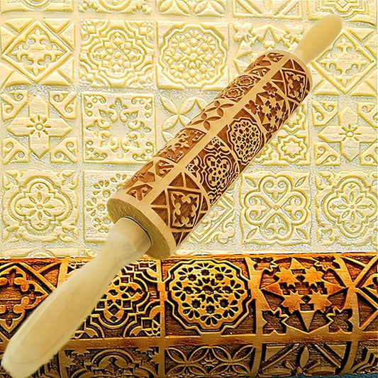 Christmas Wooden Rolling Pin for Baking,Engraved Embossing Rolling Pin Cookie Stamps Roller Square Grid Cookies Mold Kitchen Decor Tools for Kids Adults(Window Grilles)