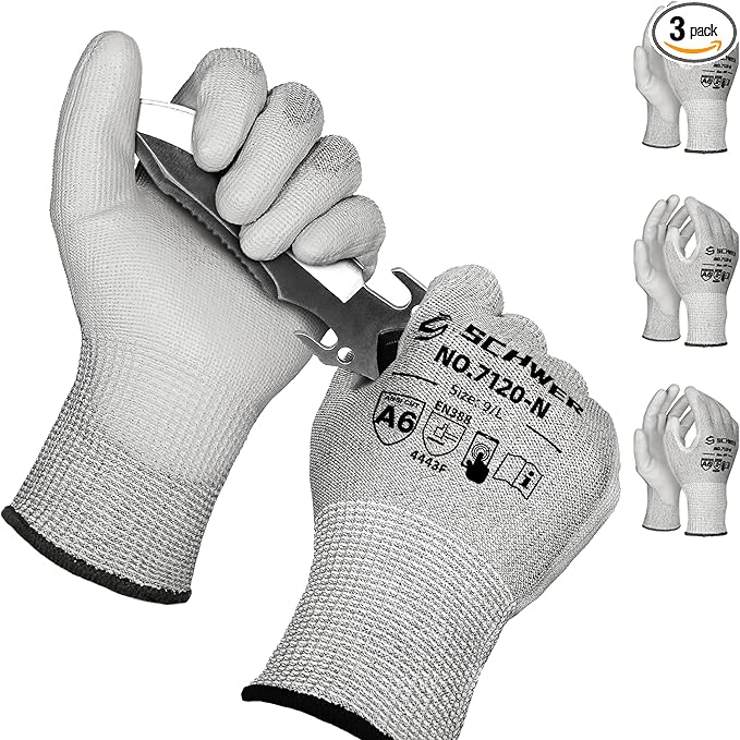Schwer 3 Pairs Cut Resistant Gloves ANSI A6 Cut Proof Work Gloves, Touchscreen, for Men and Women Used to Woodworking, Glass Cutting, Construction, Cargo Handling, Material Sorting, Car Repair, L