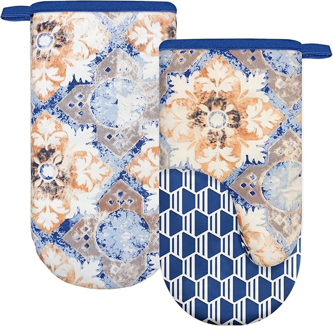 Thumb Oven Mitts, Heat and Slip Resistant Silicone Kitchen Mittens 2-Pack Set, Vintage Carpet Flower Soft Long Oven Gloves, Flexible Potholders for Safe Baking Cooking & Grilling (Dusty Blue)