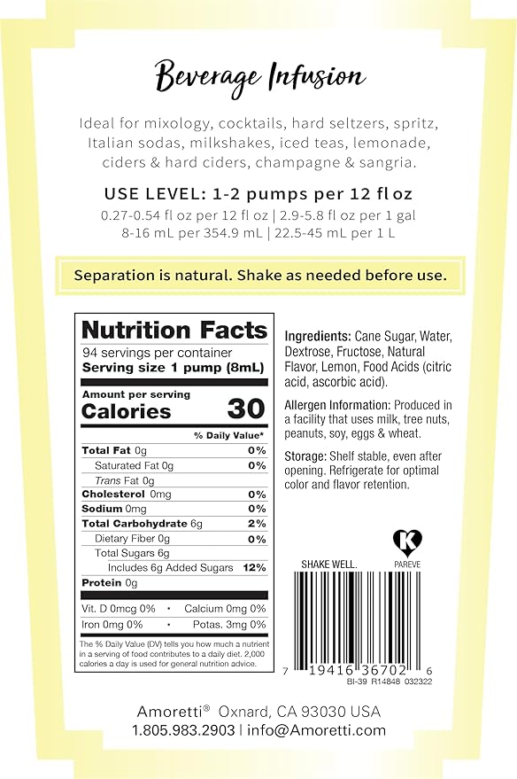 Amoretti - Lemonade Beverage Infusion Drink Mix & Water Enhancer with Pump for Flavoring Cocktails, Waters, Teas, and other Beverages, 94 Servings Per Bottle (750 ml), Preservative Free