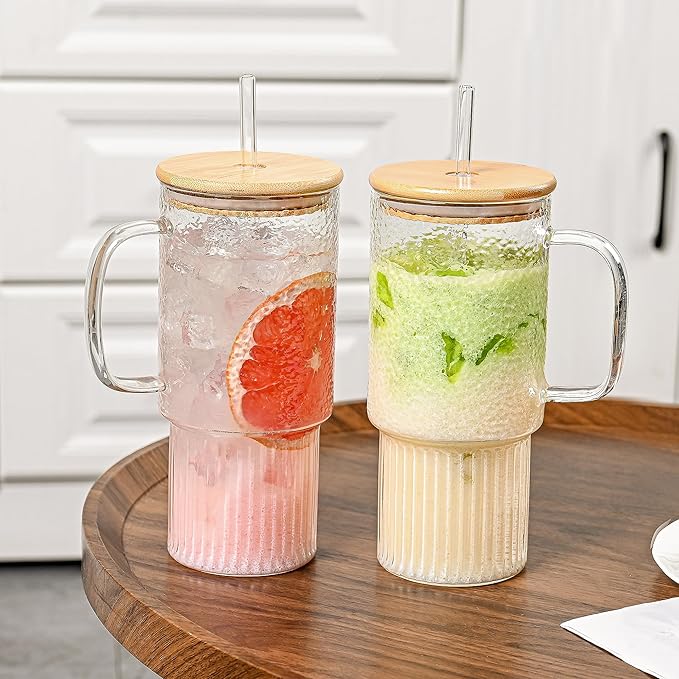 32oz Glass Cups with Handle and Bamboo Lids and Straws, 2 Pack Borosilicate Glass Tumblers for Iced Coffee, Smoothies, Fruit Drinks. Reuseable Glasses Cups for Cold/Hot Water