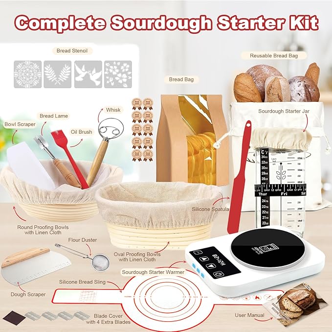 Sourdough Starter Kit with Warmer, Glass Jar and Banneton Bread Proofing Basket - Complete Sourdough Bread Baking Supplies, Sour Dough Making Essentials Tools, Gift for Bakers Beiginner Women Wife Mom