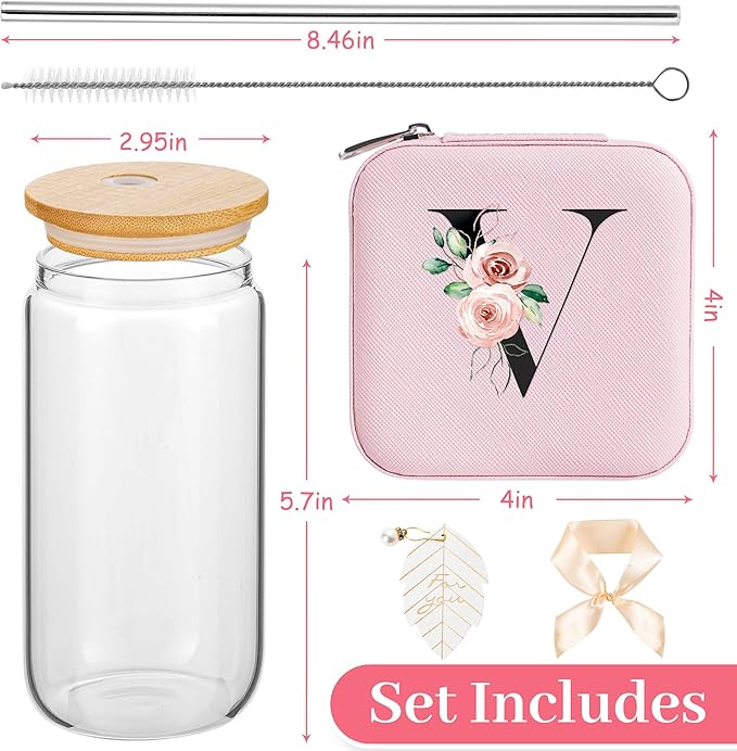 AYGXU Initial glass cups with lids and straws,Small Jewelry Box for Girls,Small Jewelry Organizer Box,Cute Tumbler Cup,Travel Gifts for Women,Travel Essentials, Initial V pink