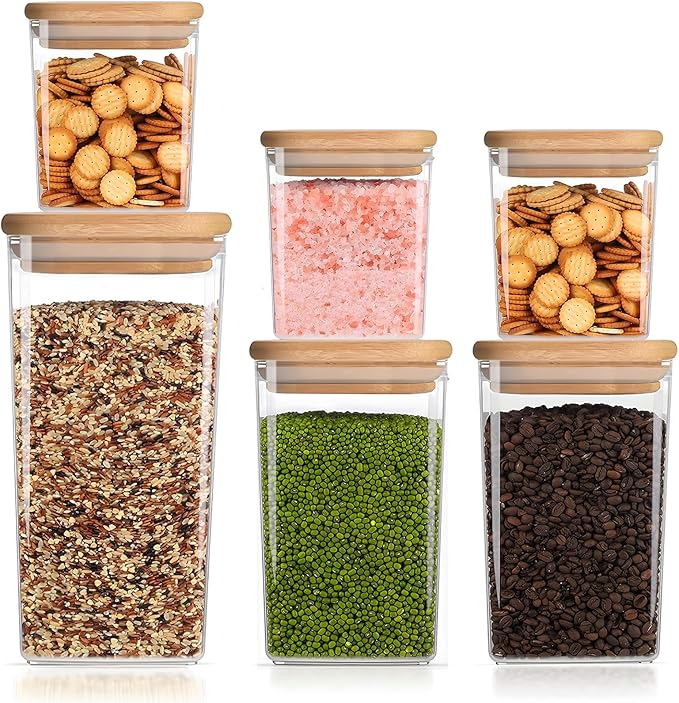 Square Storage Containers with Lids, Clear Food Storage Container Jar with Sealing Bamboo Lid for Noodles Flour Cereal Rice Sugar Tea Coffee Beans