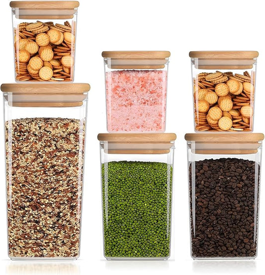 Square Storage Containers with Lids, Clear Food Storage Container Jar with Sealing Bamboo Lid for Noodles Flour Cereal Rice Sugar Tea Coffee Beans