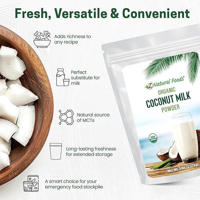 Z Natural Foods Organic Coconut Milk Powder - All-Natural Vegan Dairy-Free Alternative with MCTs - Unsweetened Coconut Creamer for Coffee & Smoothies - Gluten-Free, Non-GMO, 5 lbs