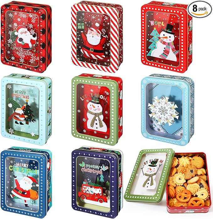 Tioncy 8 Pcs Christmas Cookie Tins with Lids Large Cookie Boxes Metal Empty Tins Santa Tinplate Xmas Gift Box for Christmas Holiday Candies Treats Storage Container (Novel)