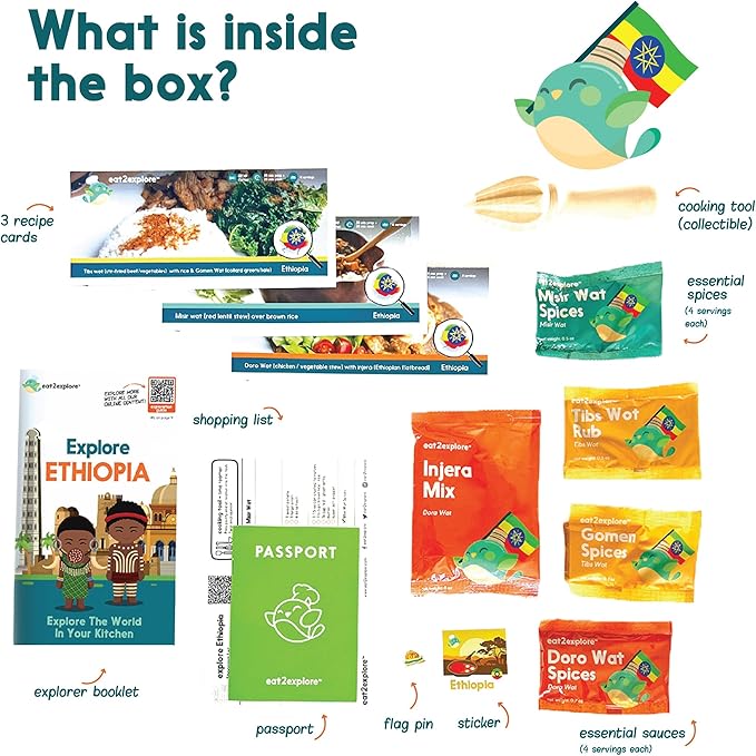 eat2explore Cooking Kits for Kids – Interactive & Educational Kids Cooking Sets Real for Ages 5 and Up,3 Recipe Cards & Global Ingredients – Fun Gift for Young Chefs (Ethiopia Edition)