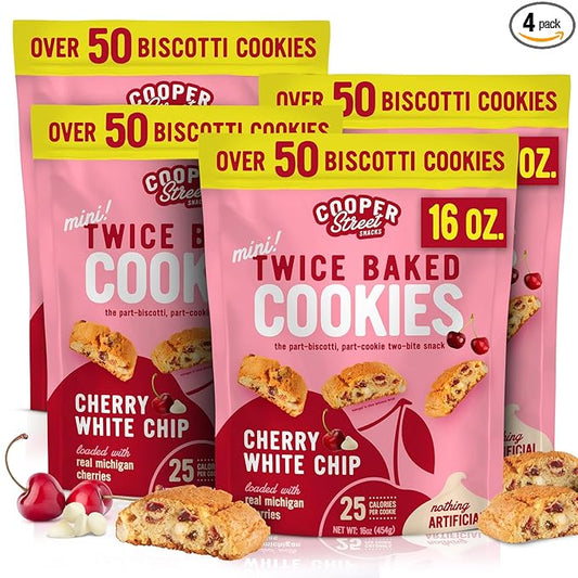 Cooper Street Twice-Baked Cherry White Chip Biscotti Cookies (16 oz Pack of 4) – Over 50 Biscotti Cookies per Bag Loaded with Real Fruit, Traditional Italian Style Snacks - Dairy, Peanut & Soy Free
