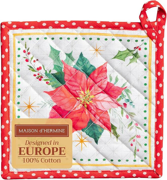 Maison d' Hermine Pot Holders 100% Cotton Heat Resistant Potholders 8" x 8" Hot Pads with Loop BBQ, Cooking, Baking, Grilling, Kitchen, Handling Hot Pans (Pack of 1, Poinsettia Christmas)