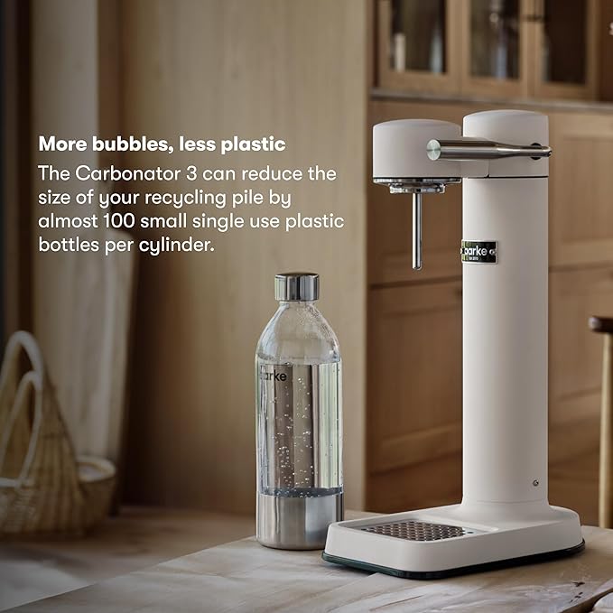 Aarke Carbonator lll with CO2 Cylinder, Sparkling & Carbonation Water Machine, Stainless Steel with PET BPA-Free Reusable Bottle Volume 1L/34 fl oz (Matte White)
