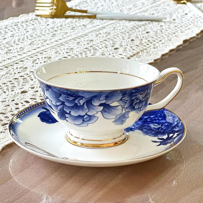 ACMLIFE Bone China Tea Sets, Blue and Gold Tea Set for Adults Porcelain Tea Cup Set, Cup and Saucer Set Vintage Floral for Women Party or Christmas Gifts Giving (china blue)