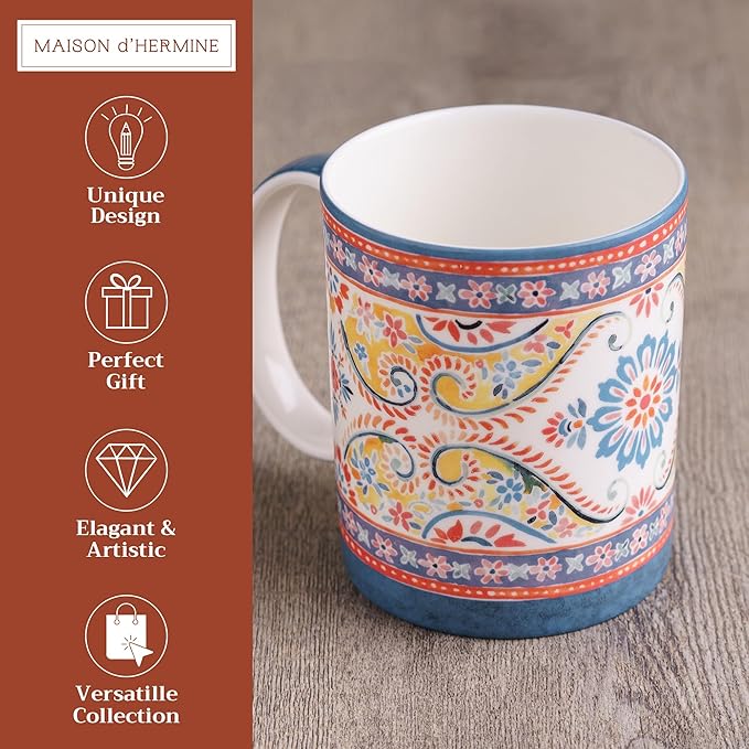 Maison d' Hermine Coffee Mug with Handles Fine Bone China Mugs Pack of One Tea Cups for Hot Beverages Cappuccino Latte Home Restaurant Office Perfect for Gift (Indian Floral - Butta, 12 Ounce)