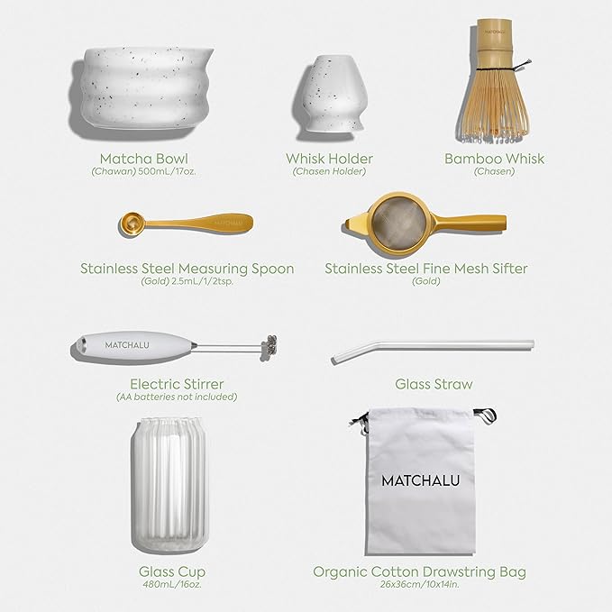 Premium 9 Piece Matcha Set Includes Ceramic Matcha Bowl, Bamboo Whisk & Holder, Stainless Steel Spoon & Sifter, Glass Cup & Straw, Electric Frother, Storage Bag - Gift for Matcha Lovers (White)