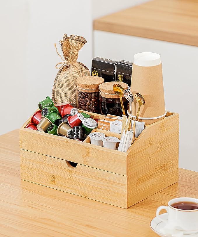 Coffee Bar Organizer Countertop with Drawer, Cafe Station Storage for Bar Accessories,Bamboo Espresso Bar Decor Holder for Bar Decor,Bamboo