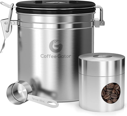 Coffee Gator Coffee Canister, Airtight 16oz Stainless Steel and 4oz Borosilicate Glass Jar Travel Kitchen Food Storage Container with Date Tracker, Scoop for Grounds, Beans, Sugar, Tea, Cookies