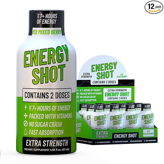 B12 Mixed Berry Extra Strength Energy Shot 12 pk – 260mg Natural Caffeine B12 B6 – Energy & Vitality Support – 2 Servings Sugar Free Zero Calorie Green Tea B-Vitamins Electrolytes Vegan – 1.93 fl oz
