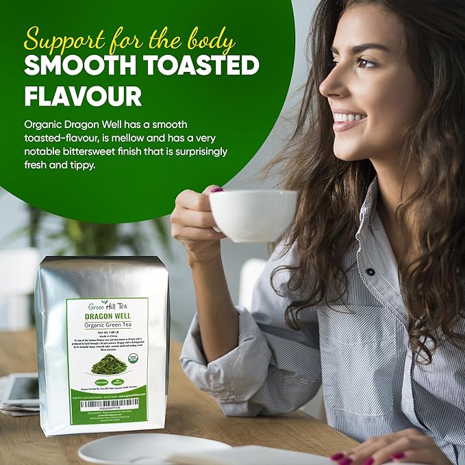 Organic Dragon Well, a classic Chinese Green tea distinguished by its color, shape and taste- 1 lb Bag.