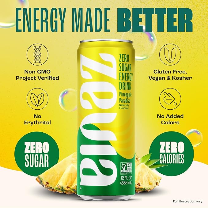 Zevia Zero Sugar Energy Drink, Pineapple Paradise, 12 oz Cans (12-Pack) – Naturally Sweetened, Non-GMO Project Verified, Gluten-Free, Vegan