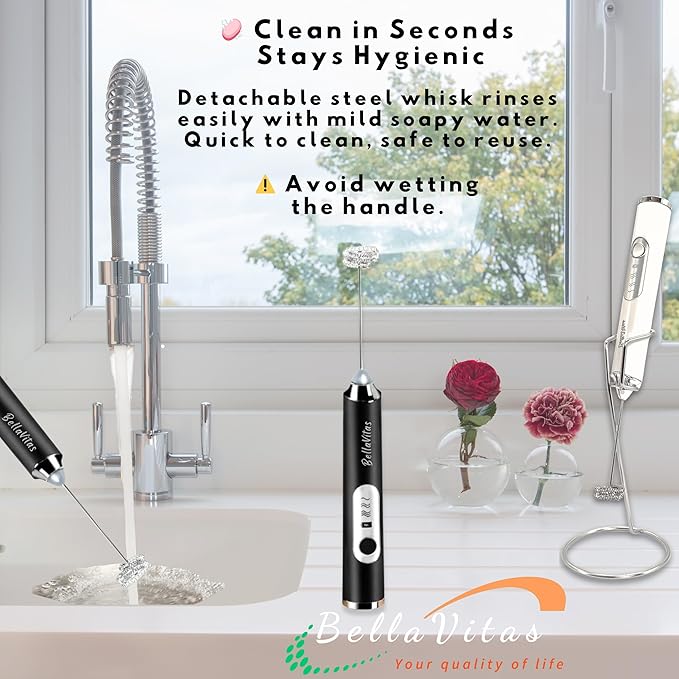 Rechargeable Handheld Milk Frother, Coffee Frother Wand with Stand and 2 Stainless Steel Whisks, Portable Mixer and Foamer, 3 Speed Whisk for Latte, Cappuccino, Matcha, Cocoa, Eggs, Black-1