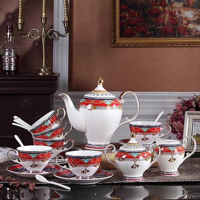 Euro Style Bone China Tea Set, Tea Sets For 6 Adults, Bone China Tea Cup Set With Teapot Spoons, Sugar Bowl, Creamer Pitcher, Tea Set for Women, Tea Party Set, Gift Package (21, Vienna)
