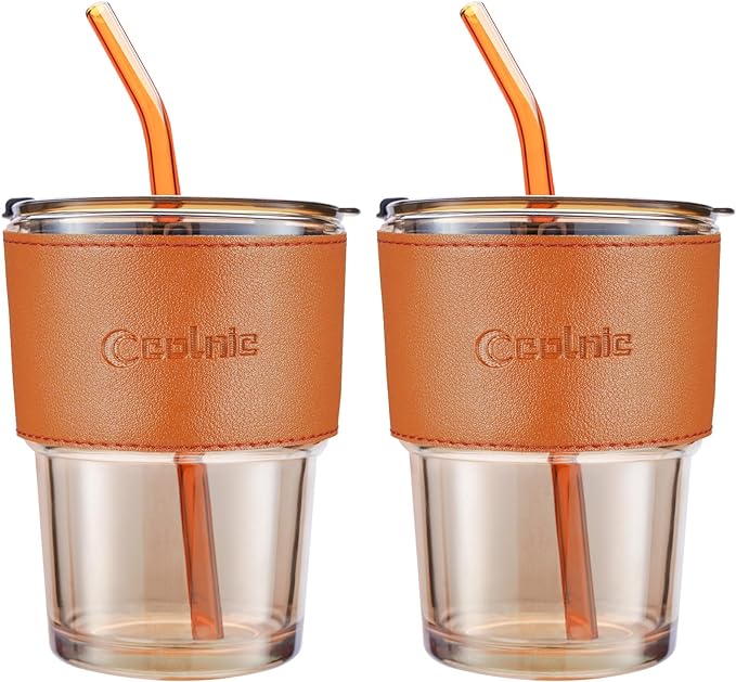 Iced Coffee Cup, 15Oz/450ml Glass Cups With Lids And Straws, Iced Coffee Glasses Tumbler, Thick Wall Glass Mug For Tea Water With 2 Straw And Leather Sleeve, Xmas Gifts (Amber 2PCS)