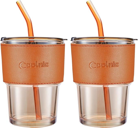 Iced Coffee Cup, 15Oz/450ml Glass Cups With Lids And Straws, Iced Coffee Glasses Tumbler, Thick Wall Glass Mug For Tea Water With 2 Straw And Leather Sleeve, Xmas Gifts (Amber 2PCS)