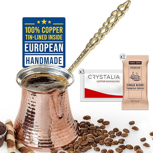 Volarium Turkish Coffee Pot, Greek Arabic Coffee Maker, Hammered Copper Coffee Cezve, Stove Top Coffee Maker (Large)