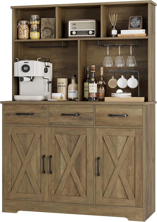 HOSTACK Buffet Cabinet with Hutch, Modern Farmhouse Kitchen Buffet Sideboard Storage Cabinet with 3 Drawers, Barn Door Coffee Bar Station for Dining Room, Living Room, Rustic Brown