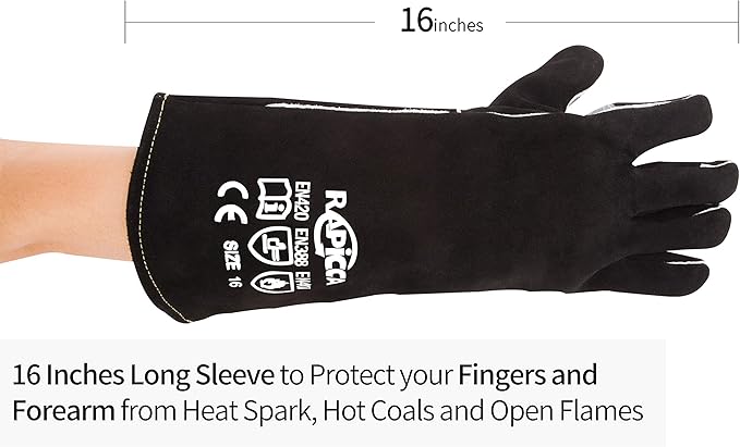RAPICCA Welding Gloves Fire Heat Resistant: Black 16IN - Fireproof Leather For Stick Mig Flux-Core Welder Forge Blacksmith Fireplace Wood Stove Fire Pit Furnace Handling Dry ice - One Size 662℉