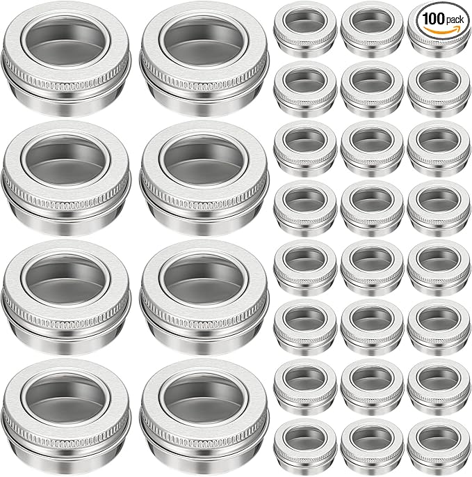 Zubebe 100 Pcs Aluminum Tin Jar Refillable Containers Clear Top Screw Lid Round Tin Container Bottle for Cosmetic, Cream, Diamond Painting, Salves, Balms, Lip Balm, Spices or Others, Silver (2 oz)