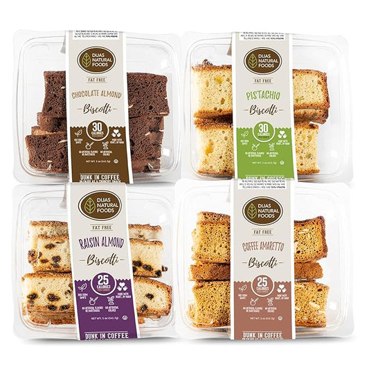 DIJAS Natural Foods, Crunchy Fat Free Biscotti Cookie, Variety Pack, All Natural Preservative Free Ingredients, Delicious Low Calorie Snack (4 Pack, Nut Variety)
