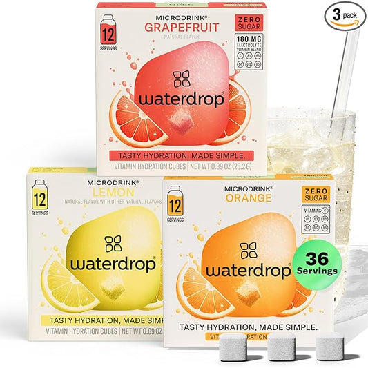 Waterdrop Hydration Cubes with Vitamin C, B3, B5 & Electrolytes, Orange, Lemon & Grapefruit Flavor Variety Pack, Flavored Water Enhancer Cubes for Still & Sparkling Water, Sugar Free, Vegan, 36 Count