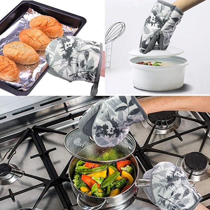 Mini Silicone Oven Mitts, Heat and Slip Resistant Kitchen Mittens 2-Pack Set, Foliage Flower Soft Short Oven Gloves, Flexible Thick Pot Holders for Safe Cooking Baking and Grilling (Grayish)