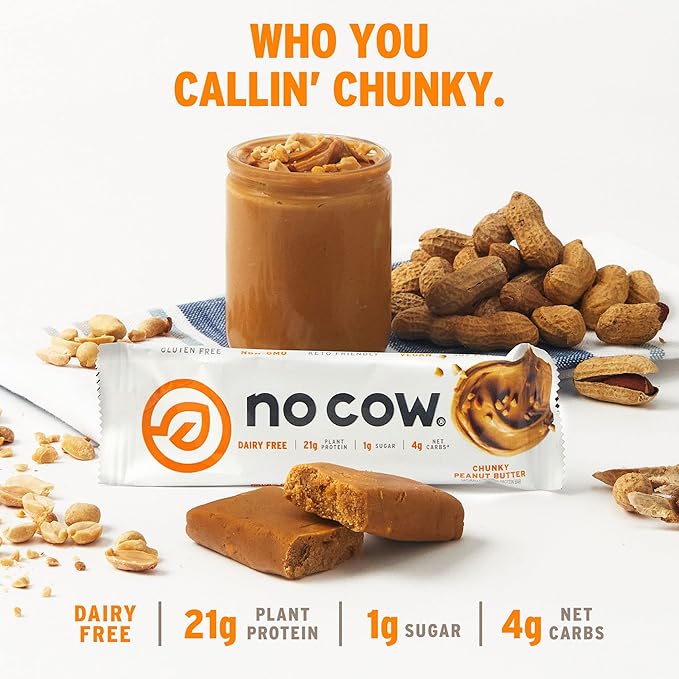 No Cow Vegan Protein Bars, Upgraded Chunky Peanut Butter | 20g Plant Based Protein, Gluten Free, Dairy Free, Soy Free, Keto Friendly, Low Sugar, High Fiber Snack Bars | Pack of 12